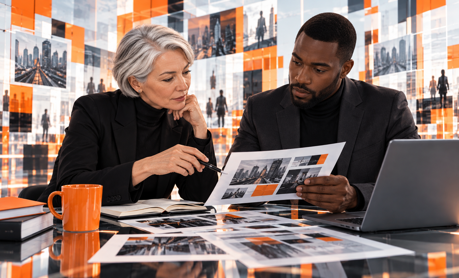 Two colleagues reviewing printed story layouts together at a desk