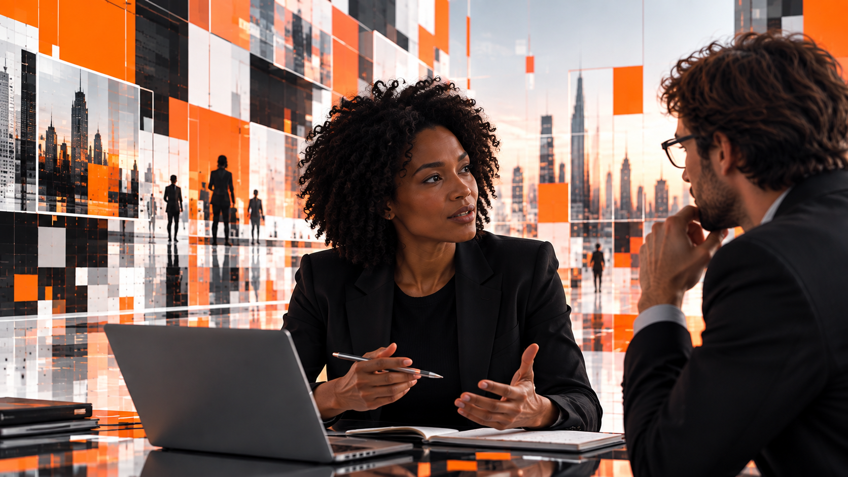 Two colleagues talking at a desk in front of a wall of orange and grey city screens