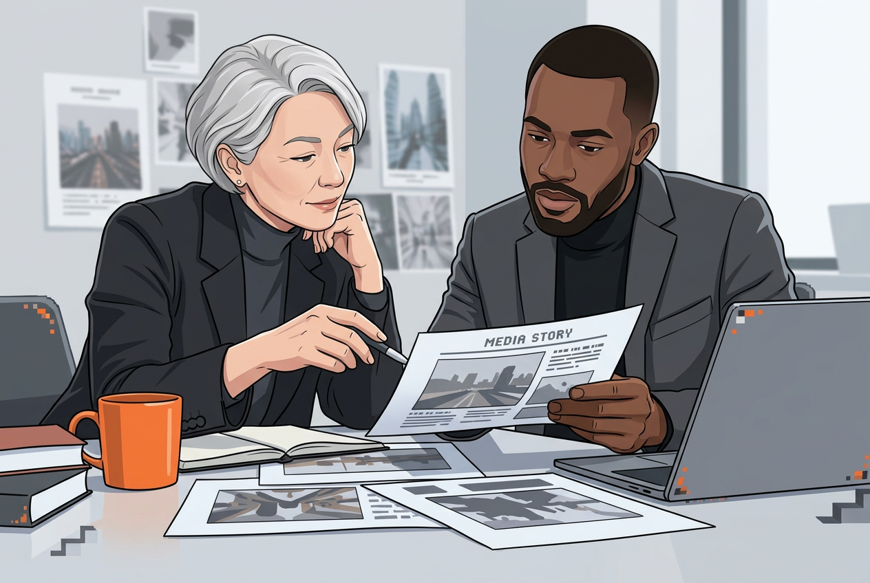 An illustrated communications specialist and founder reviewing a story together