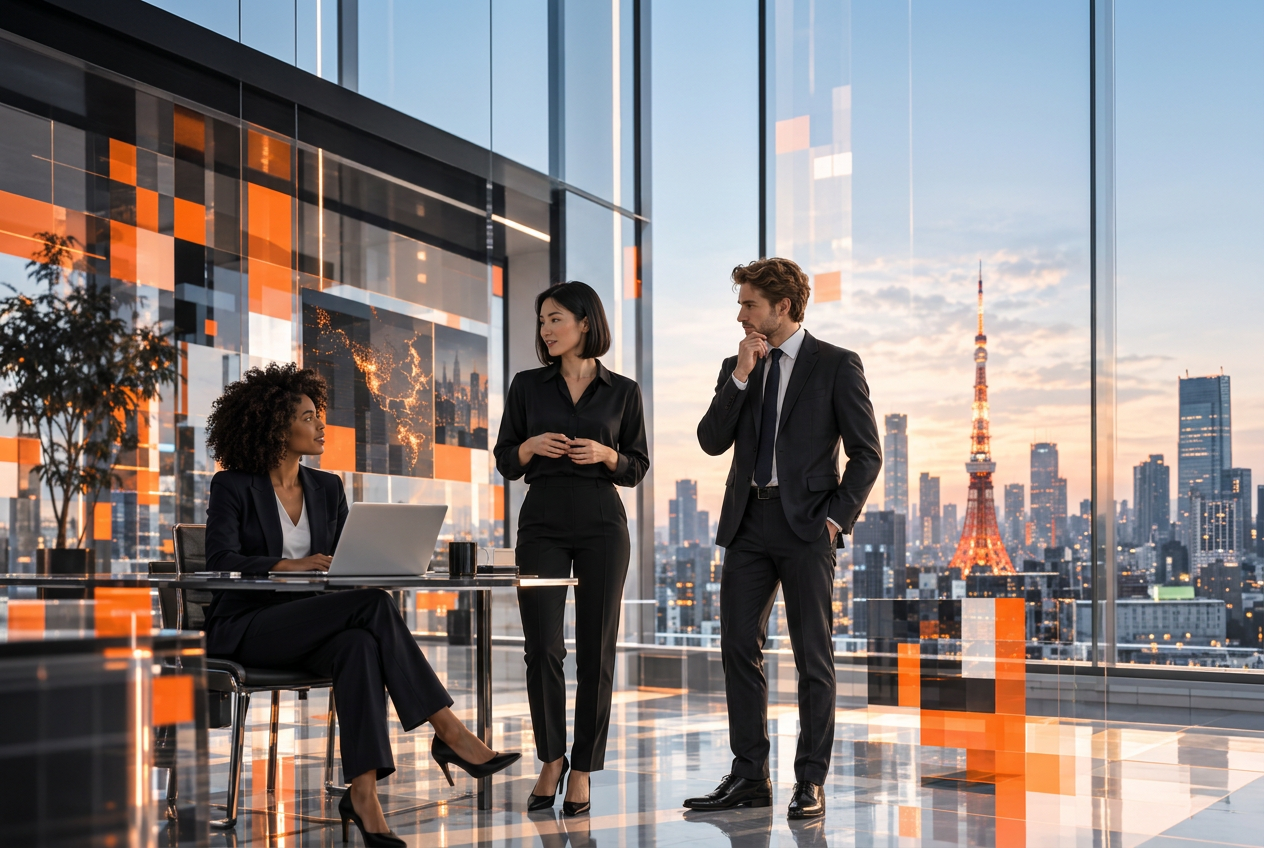 A multicultural communications team discussing strategy in a modern city office